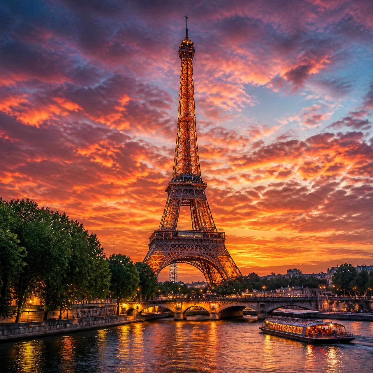 The Eiffel Tower at sunset above the Seine in Paris